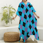 Blue Purple And Black Argyle Print Silk V-Neck Kaftan Dress