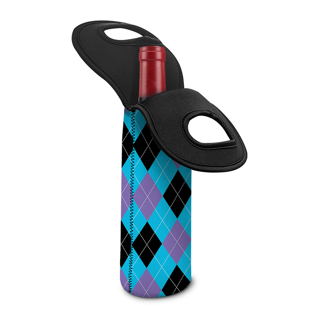 Blue Purple And Black Argyle Print Single Neoprene Wine Tote