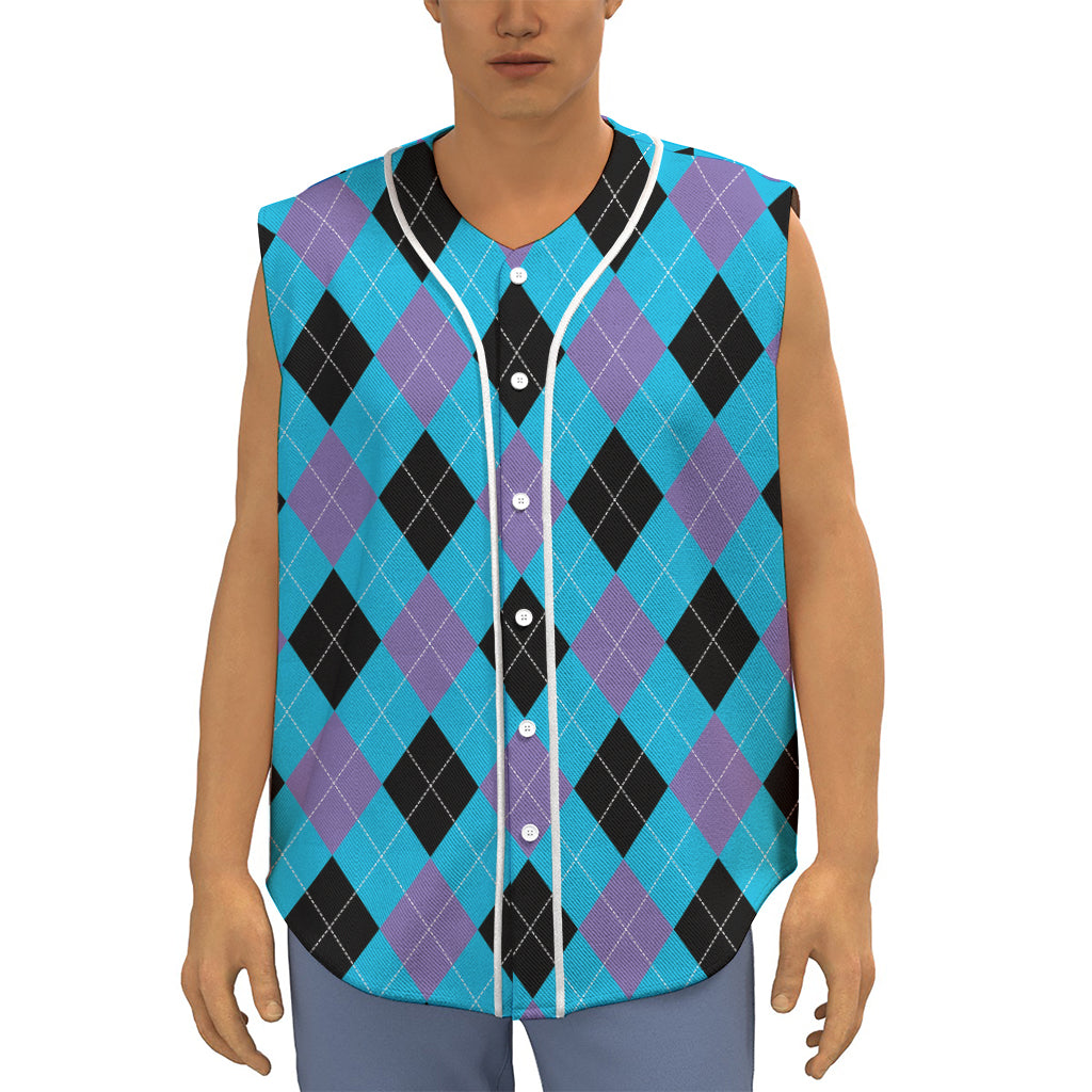 Blue Purple And Black Argyle Print Sleeveless Baseball Jersey