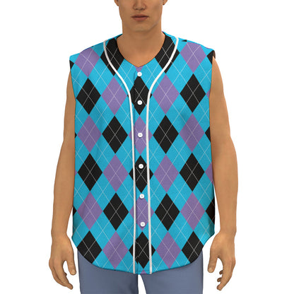 Blue Purple And Black Argyle Print Sleeveless Baseball Jersey