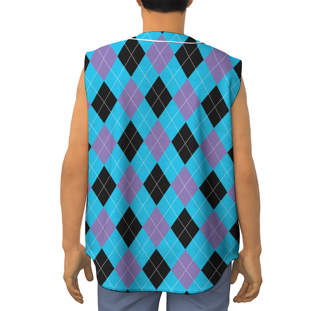 Blue Purple And Black Argyle Print Sleeveless Baseball Jersey