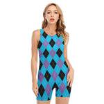 Blue Purple And Black Argyle Print Sleeveless One Piece Swimsuit