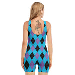 Blue Purple And Black Argyle Print Sleeveless One Piece Swimsuit