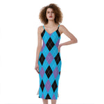 Blue Purple And Black Argyle Print Slim Fit Midi Cami Dress