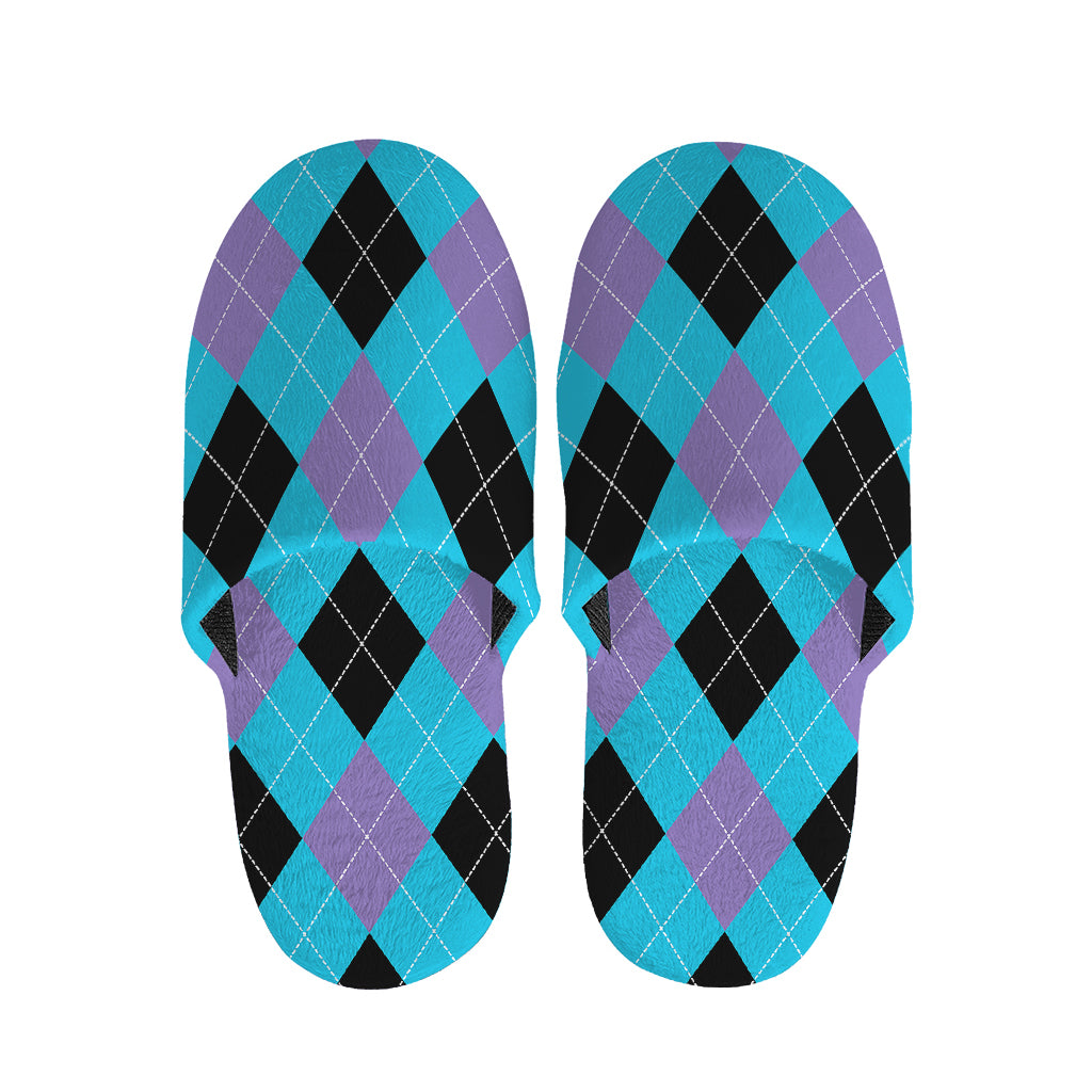 Blue Purple And Black Argyle Print Slippers