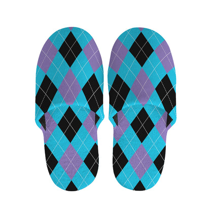 Blue Purple And Black Argyle Print Slippers