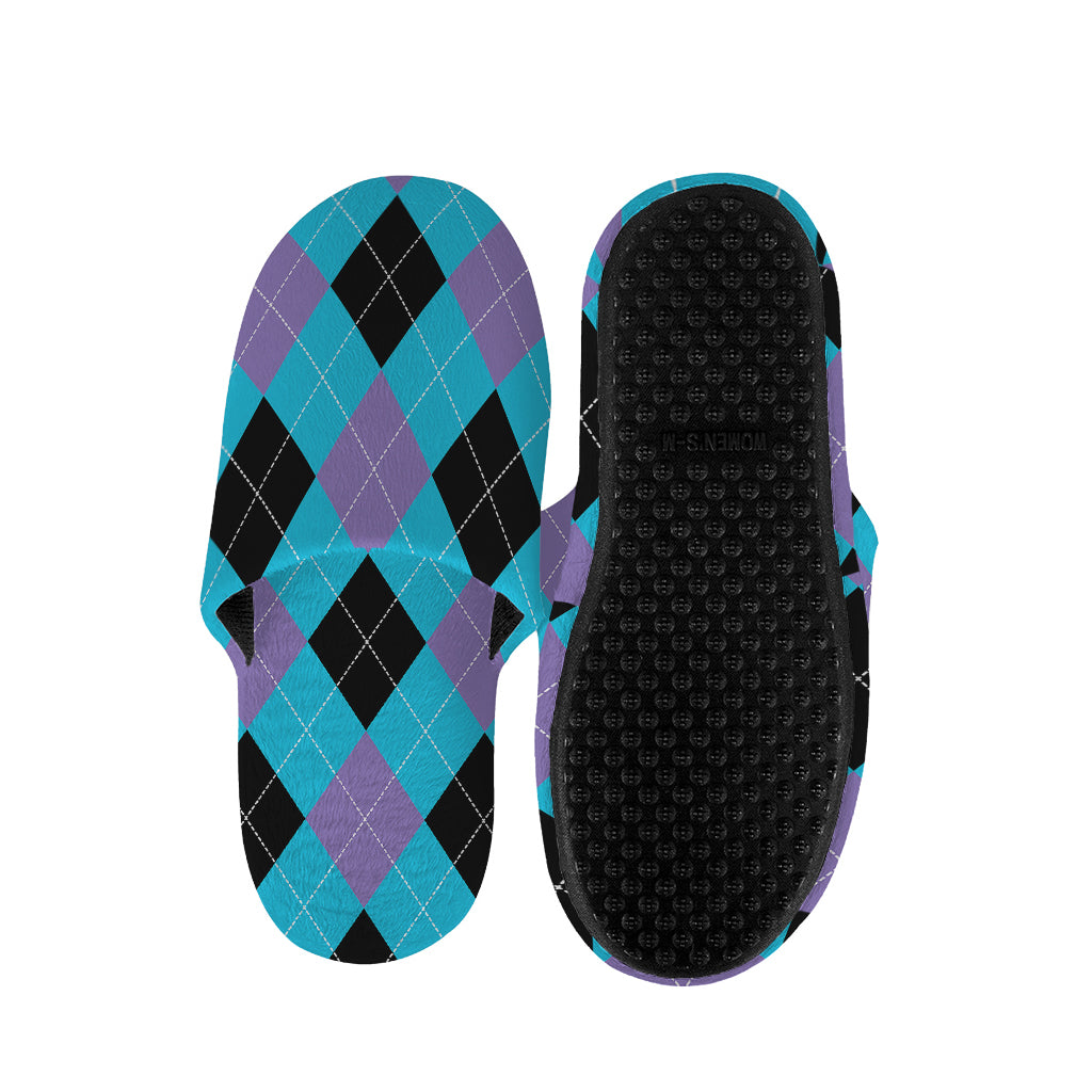 Blue Purple And Black Argyle Print Slippers