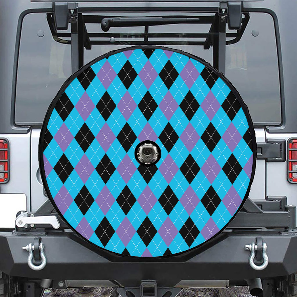 Blue Purple And Black Argyle Print Tire Cover With Camera Hole