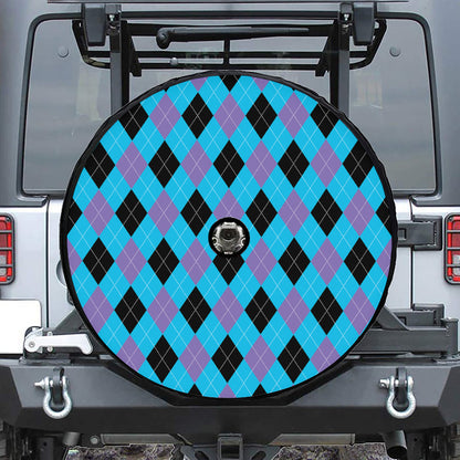 Blue Purple And Black Argyle Print Tire Cover With Camera Hole
