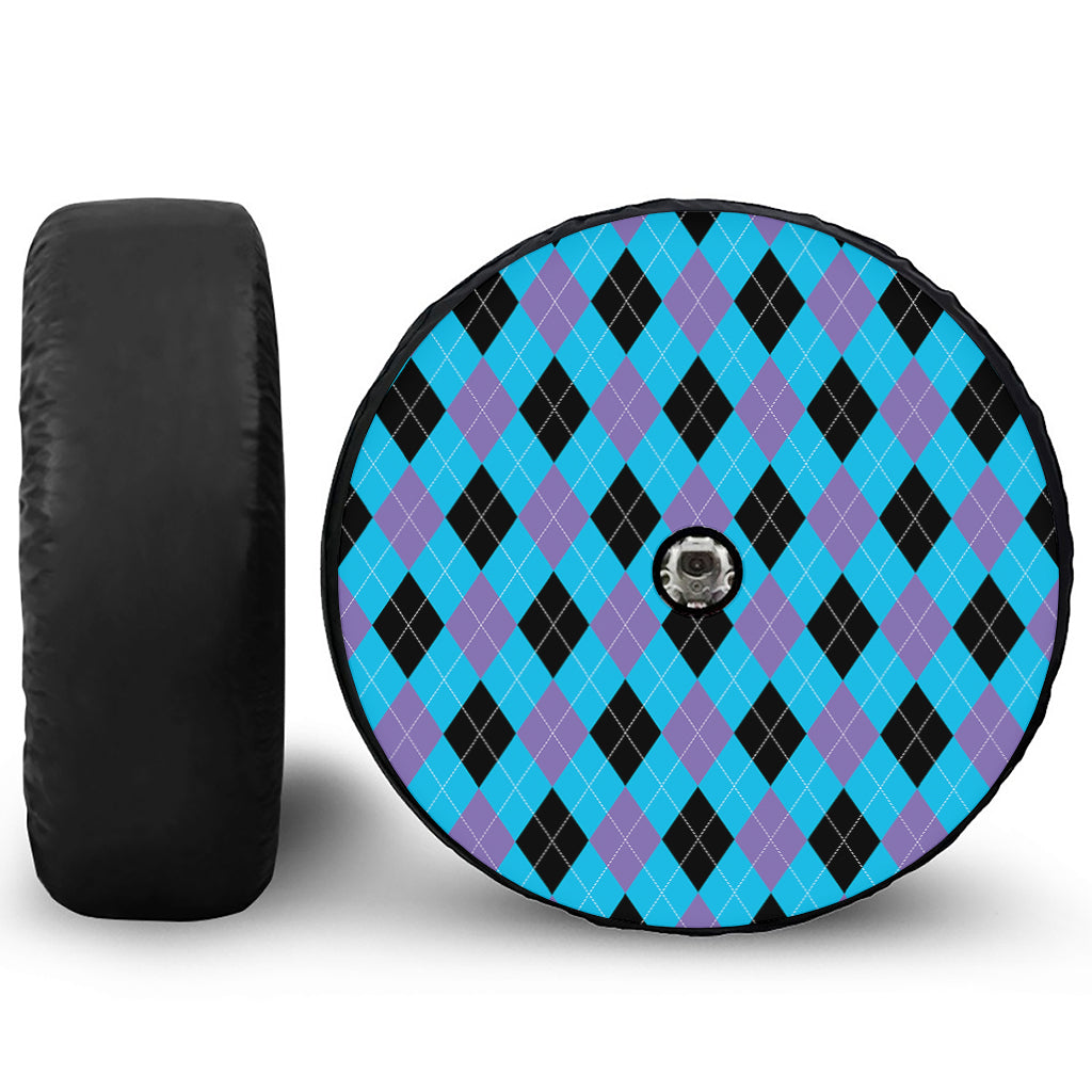 Blue Purple And Black Argyle Print Tire Cover With Camera Hole