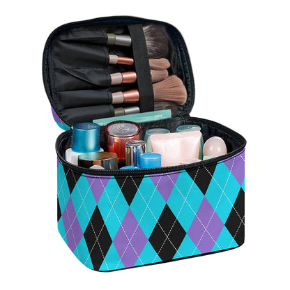 Blue Purple And Black Argyle Print Travel Makeup Bag