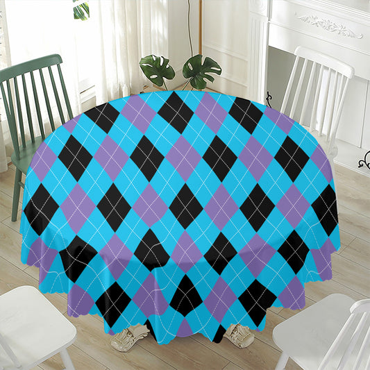 Blue Purple And Black Argyle Print Waterproof Round Tablecloth