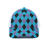Blue Purple And Black Argyle Print White Mesh Trucker Cap