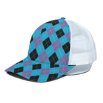 Blue Purple And Black Argyle Print White Mesh Trucker Cap