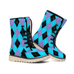 Blue Purple And Black Argyle Print Winter Boots