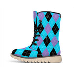 Blue Purple And Black Argyle Print Winter Boots