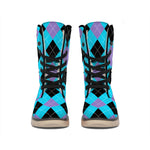 Blue Purple And Black Argyle Print Winter Boots