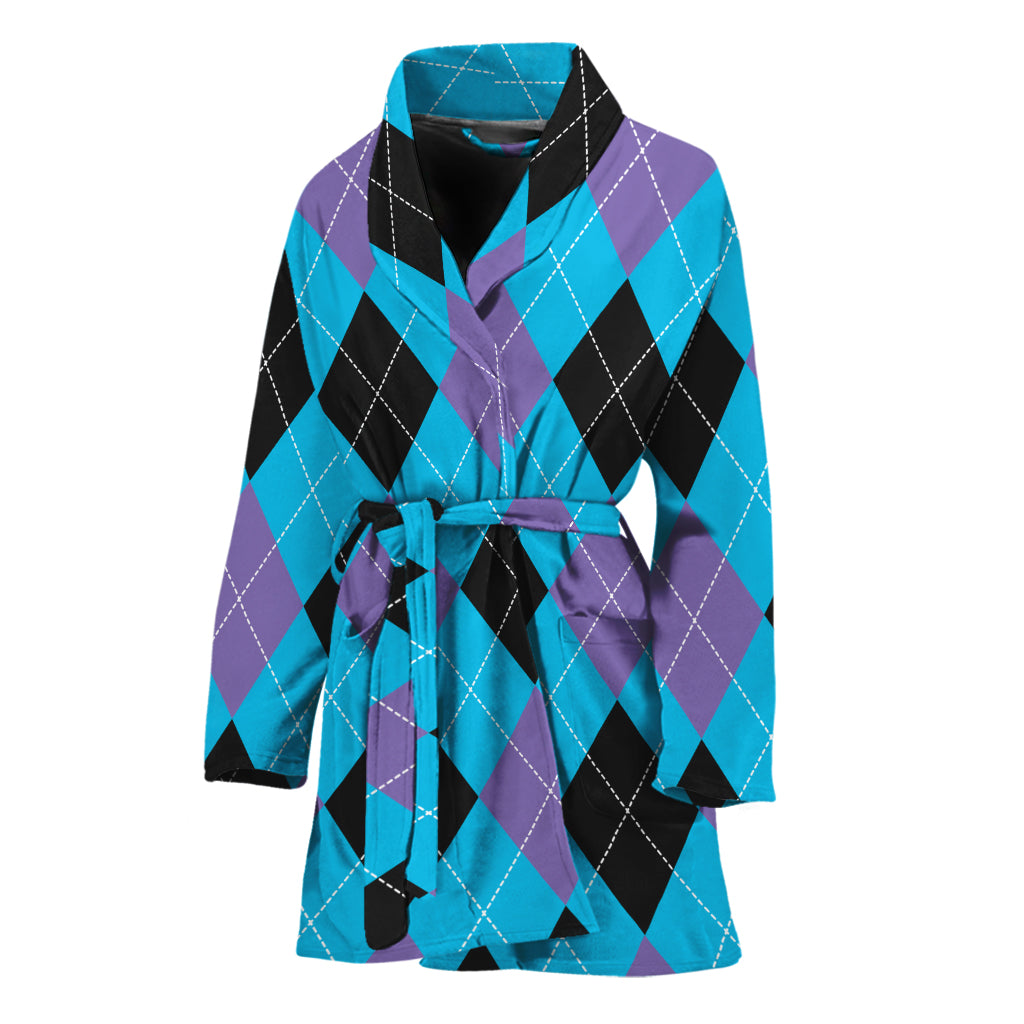 Blue Purple And Black Argyle Print Women's Bathrobe