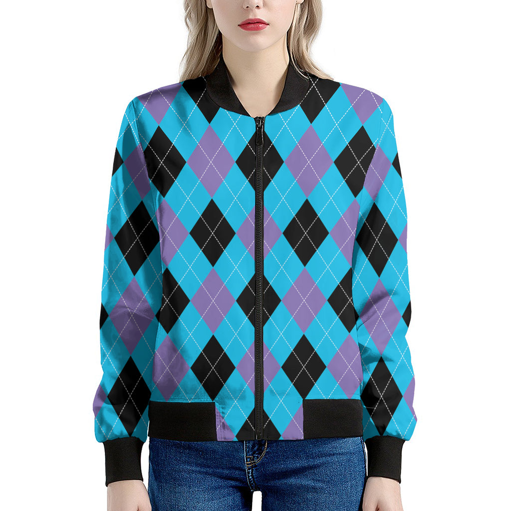 Blue Purple And Black Argyle Print Women's Bomber Jacket