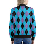 Blue Purple And Black Argyle Print Women's Bomber Jacket