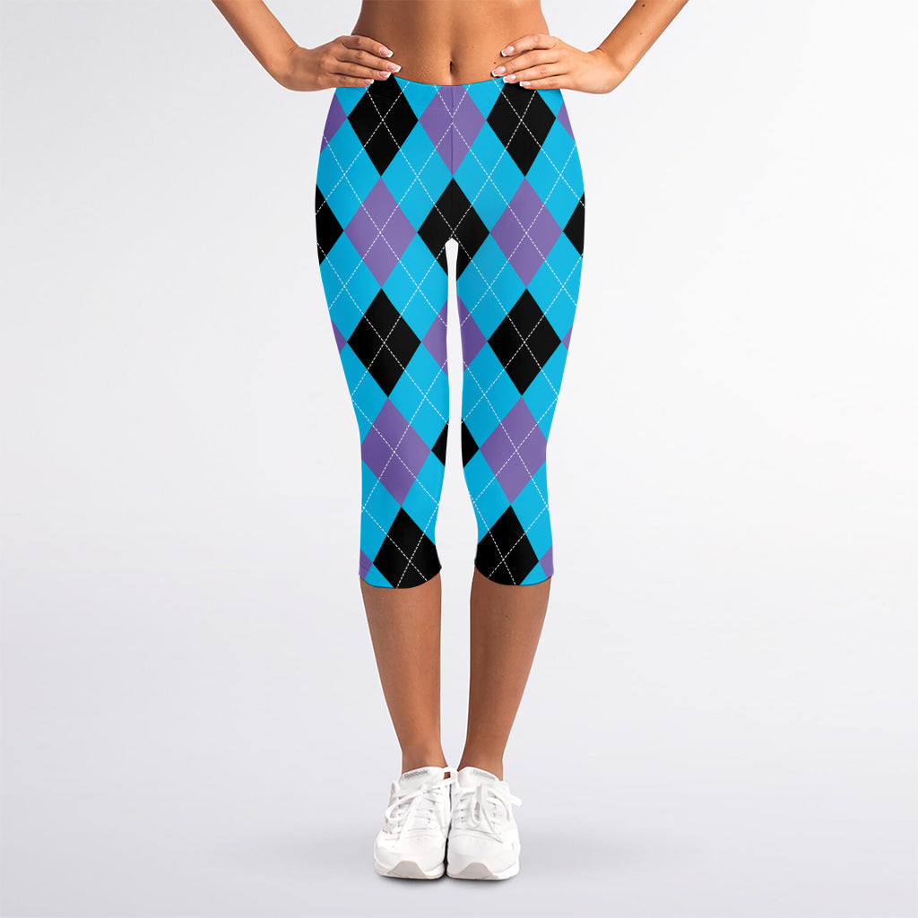 Blue Purple And Black Argyle Print Women's Capri Leggings