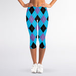 Blue Purple And Black Argyle Print Women's Capri Leggings