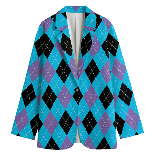 Blue Purple And Black Argyle Print Women's Cotton Blazer