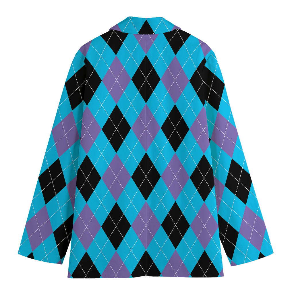 Blue Purple And Black Argyle Print Women's Cotton Blazer