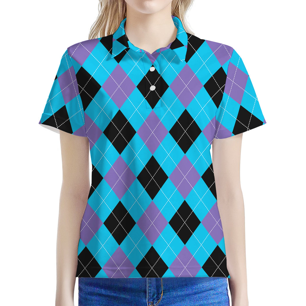 Blue Purple And Black Argyle Print Women's Polo Shirt