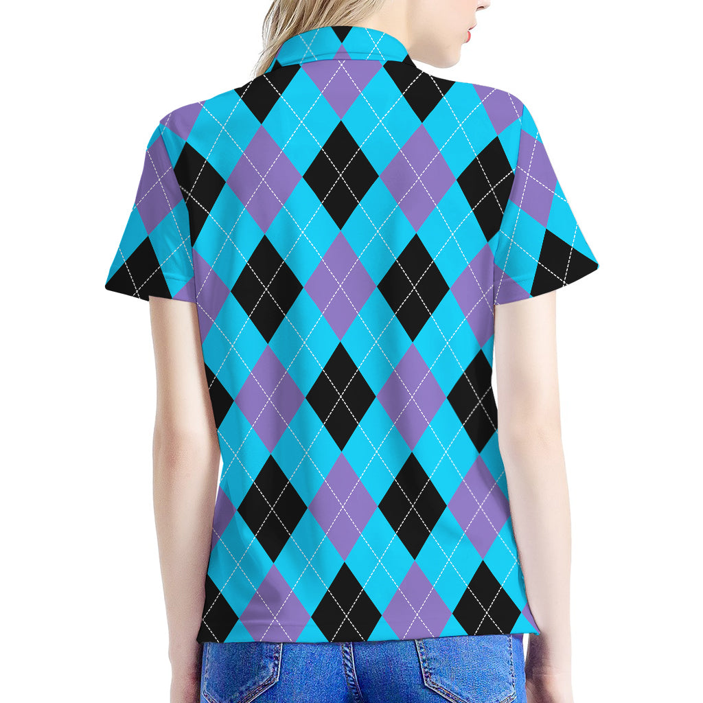 Blue Purple And Black Argyle Print Women's Polo Shirt