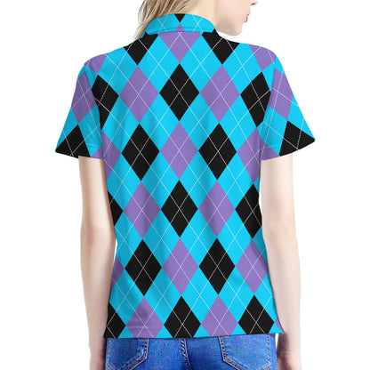 Blue Purple And Black Argyle Print Women's Polo Shirt