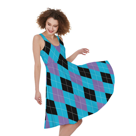 Blue Purple And Black Argyle Print Women's Sleeveless Dress