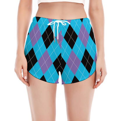 Blue Purple And Black Argyle Print Women's Split Running Shorts