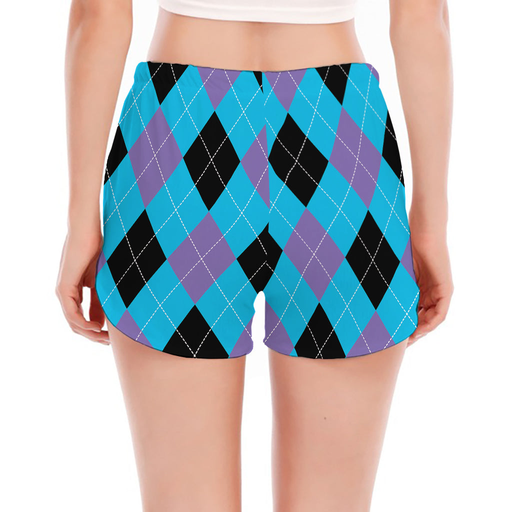 Blue Purple And Black Argyle Print Women's Split Running Shorts