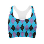 Blue Purple And Black Argyle Print Women's Sports Bra