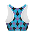 Blue Purple And Black Argyle Print Women's Sports Bra