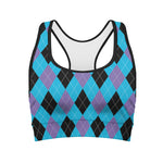 Blue Purple And Black Argyle Print Women's Sports Bra