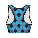 Blue Purple And Black Argyle Print Women's Sports Bra