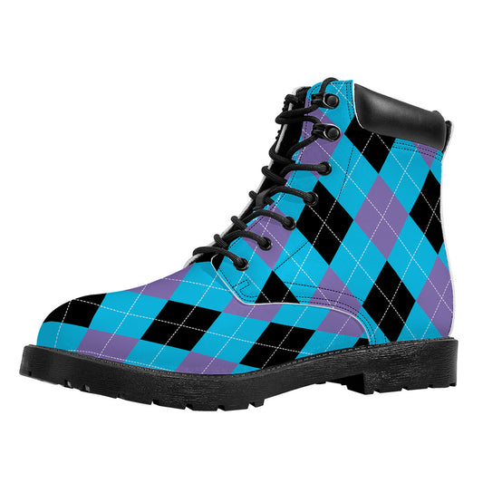 Blue Purple And Black Argyle Print Work Boots