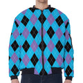Blue Purple And Black Argyle Print Zip Sleeve Bomber Jacket