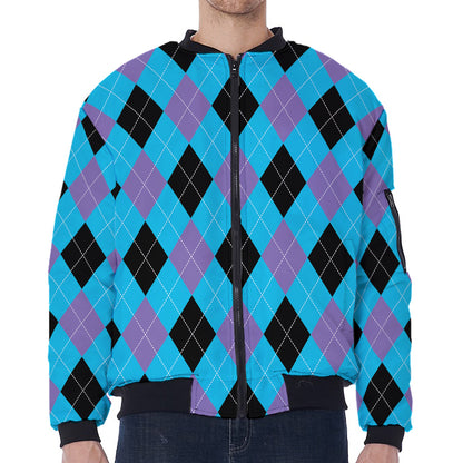 Blue Purple And Black Argyle Print Zip Sleeve Bomber Jacket