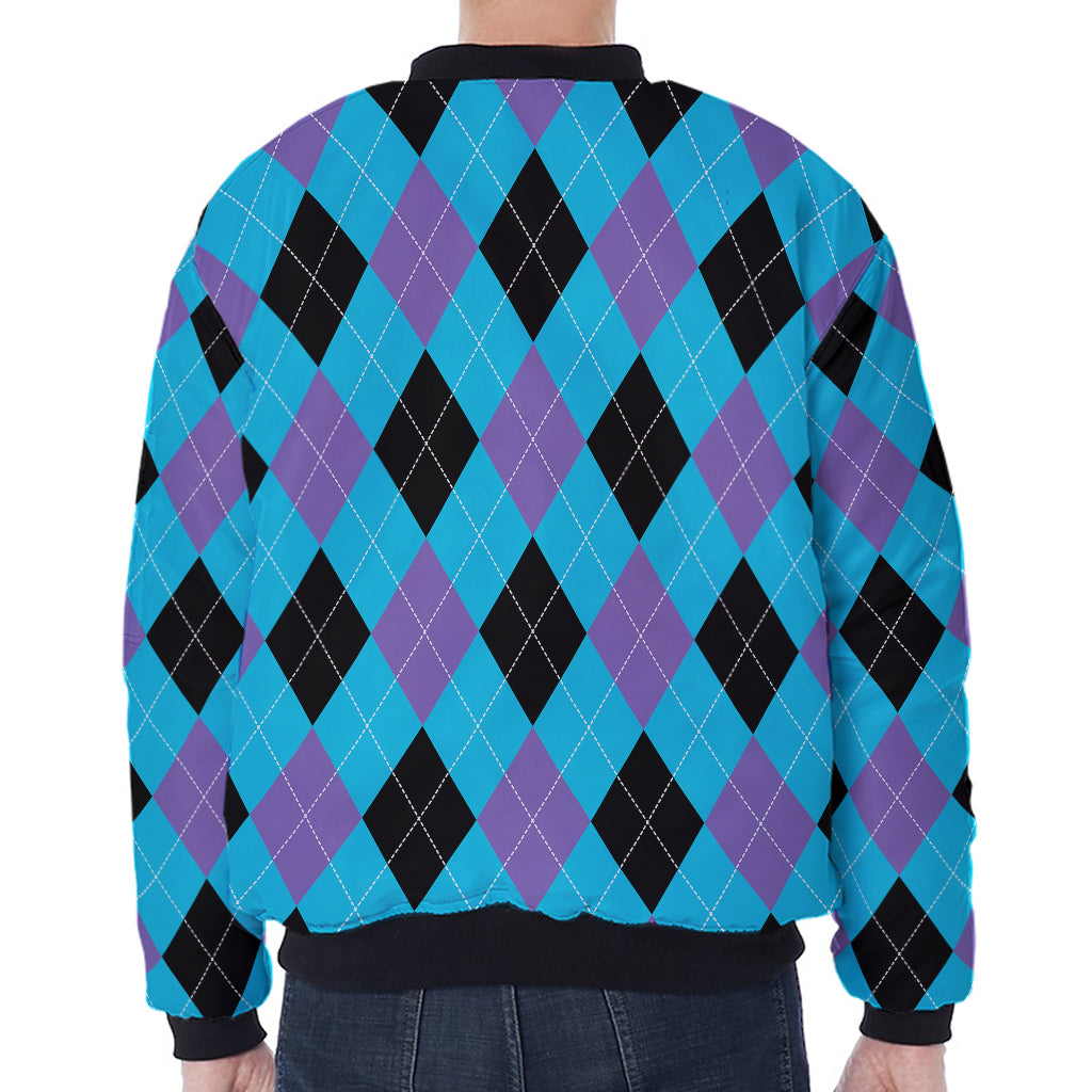 Blue Purple And Black Argyle Print Zip Sleeve Bomber Jacket