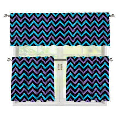 Blue Purple And Black Chevron Print 3 Piece Kitchen Curtains