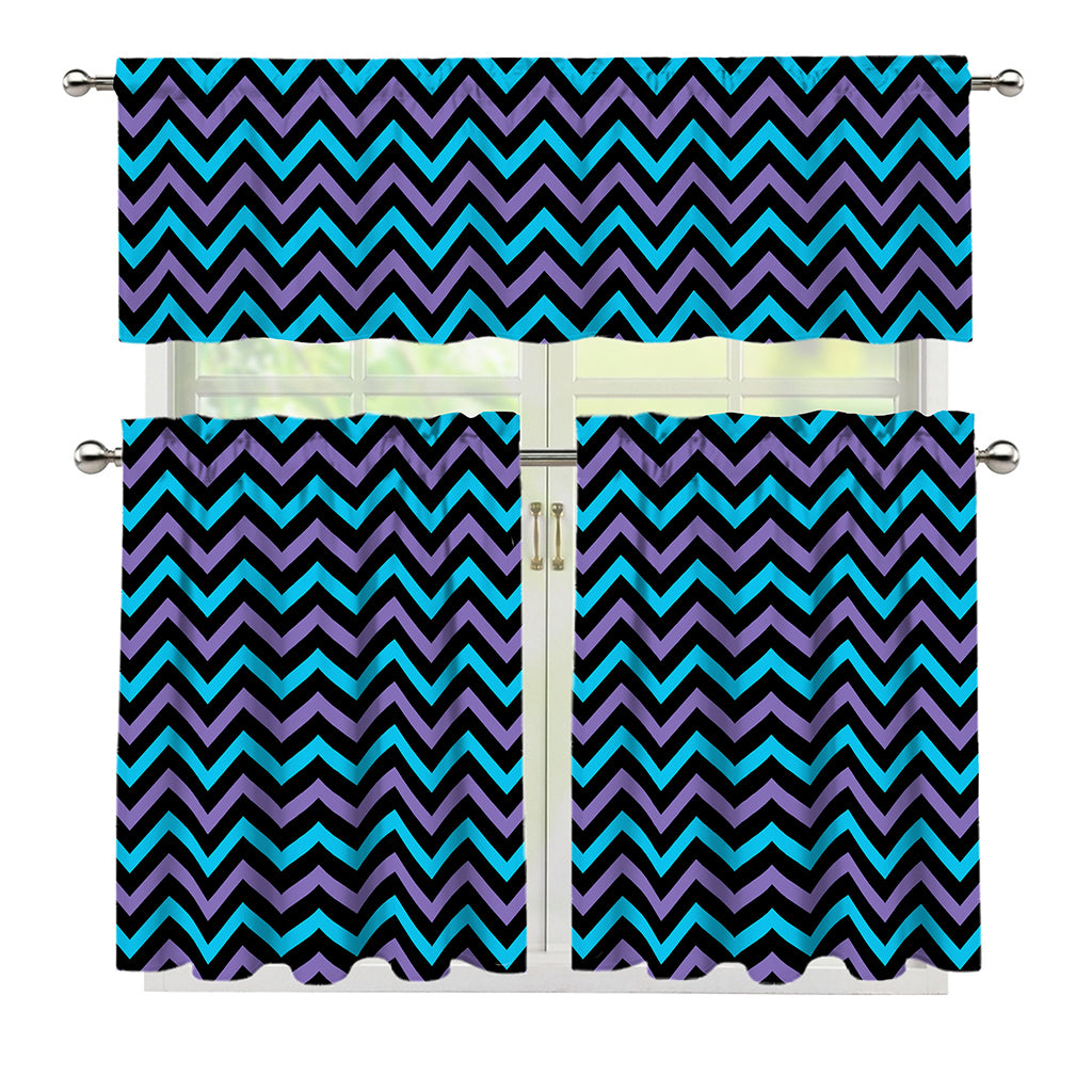 Blue Purple And Black Chevron Print 3 Piece Kitchen Curtains