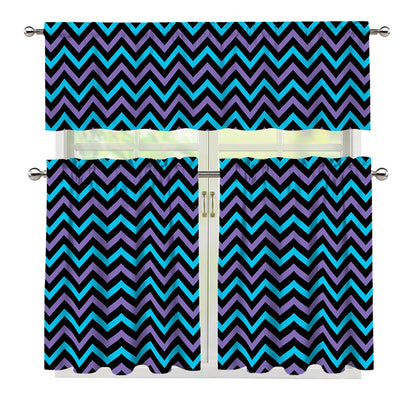 Blue Purple And Black Chevron Print 3 Piece Kitchen Curtains