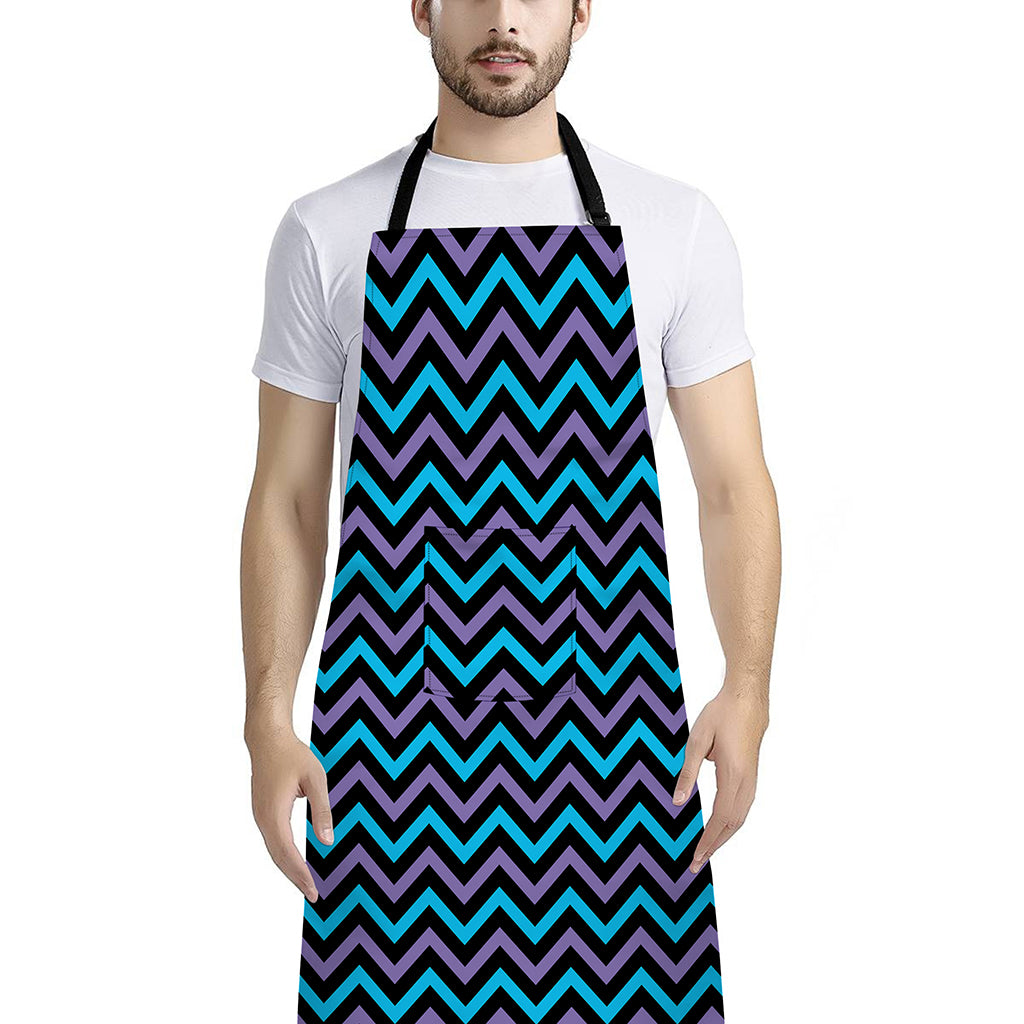 Blue Purple And Black Chevron Print Bib Apron With Pocket