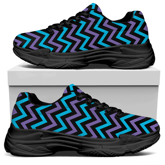 Blue Purple And Black Chevron Print Black Chunky Shoes
