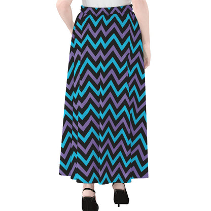 Blue Purple And Black Chevron Print Chiffon Maxi Skirt