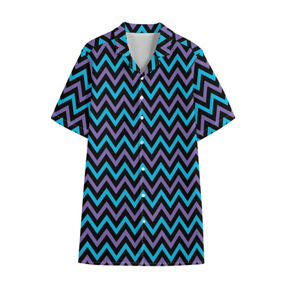 Blue Purple And Black Chevron Print Cotton Hawaiian Shirt