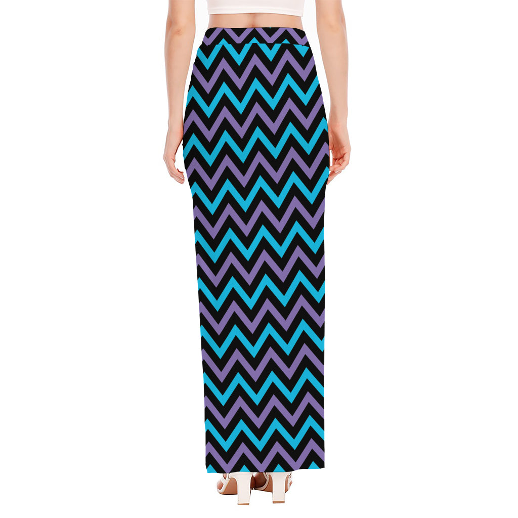 Blue Purple And Black Chevron Print High Slit Maxi Skirt